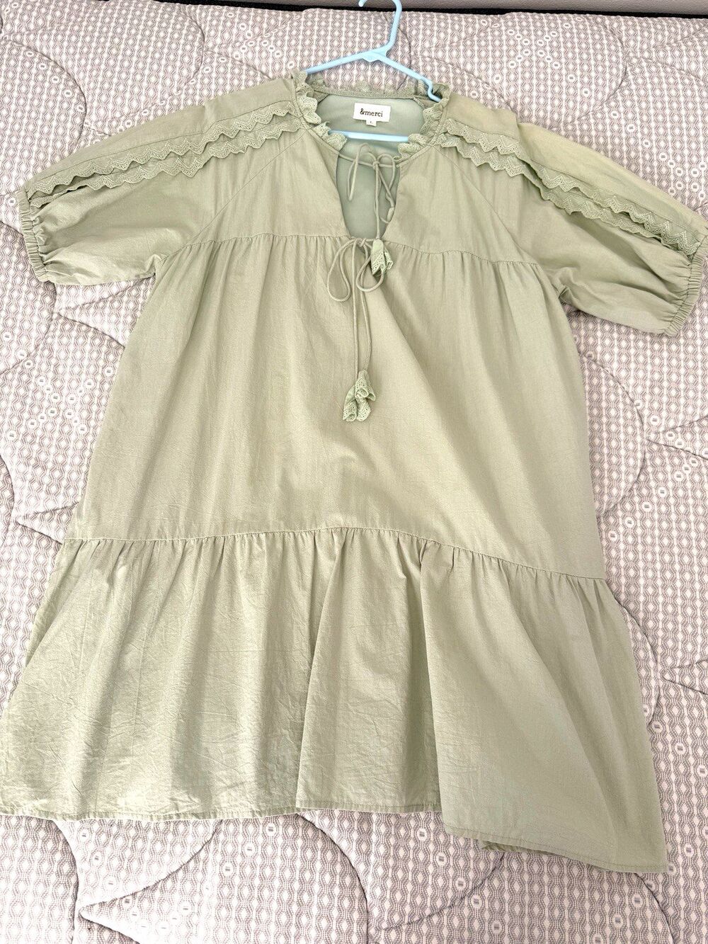 &merci Sage Green Babydoll Dress L Lace Trim Tie Neck Tiered Boho Cotton Lined